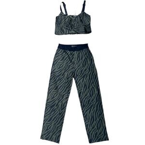 BALBOA Two Pieces Green Military Print, Top Crop Sleeveless Pant High Waisted L